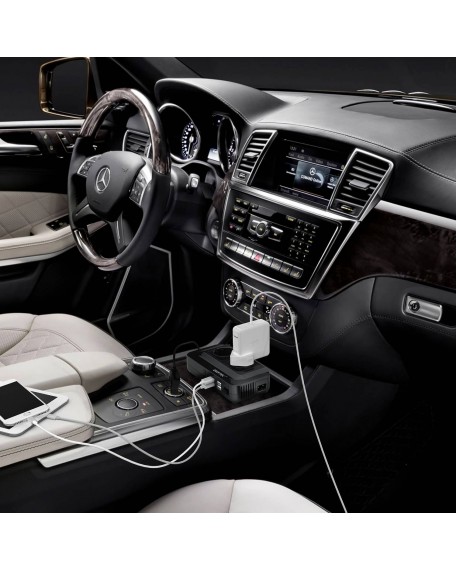 BESTEK 200W KFZ Spannungswandler 12V auf 230V Wechselrichter mit 2 Steckdosen und 4 USB Autoladegerät inkl. Zigarettenanzünder Stecker Schwarz